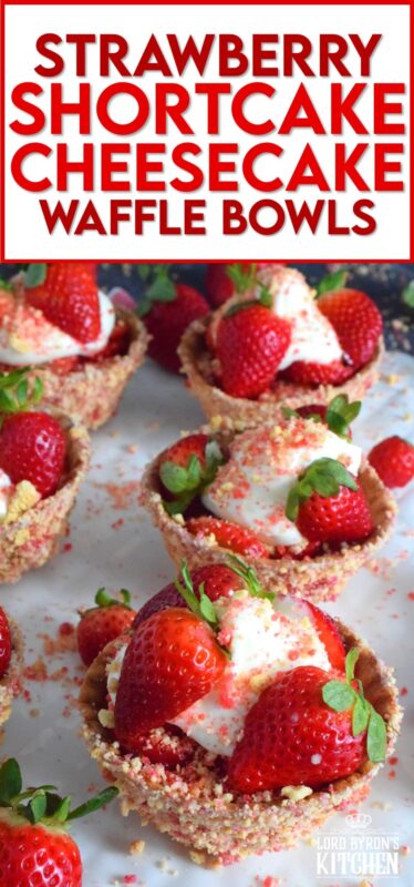 Sugary sweet and crunchy waffle bowls are coated with strawberry shortcake crumbs and filled with a light and fluffy cheesecake mixture, topped with fresh strawberries, and more strawberry shortcake crumbs. This gorgeously impressive dessert is for the serious strawberry lover! #shortcake #waffle #strawberry #cheesecake