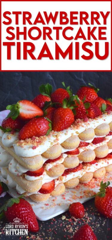 Locally grown strawberries are about to be in season which means it is time for a little indulgence! Strawberry Shortcake Tiramisu is the most delicious summertime dessert. With layers of homemade strawberry shortcake crumbs, light and airy ladyfingers, and a thick, slightly sweet filling, this dessert is completely irresistible! #strawberry #shortcake #tiramisu