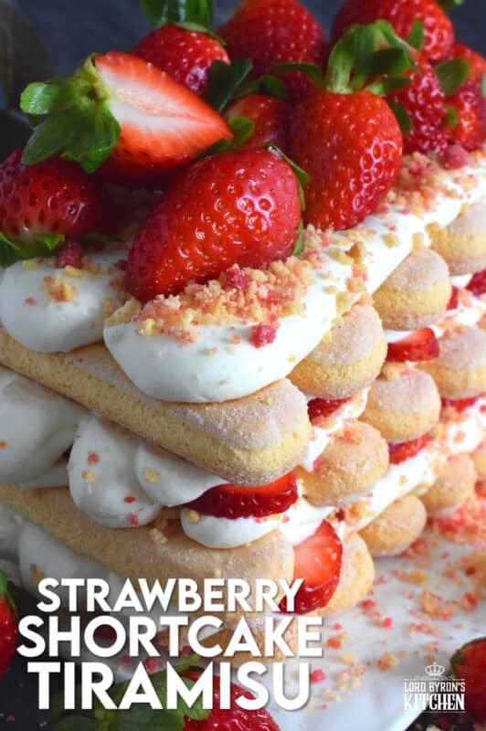 Locally grown strawberries are about to be in season which means it is time for a little indulgence! Strawberry Shortcake Tiramisu is the most delicious summertime dessert. With layers of homemade strawberry shortcake crumbs, light and airy ladyfingers, and a thick, slightly sweet filling, this dessert is completely irresistible! #strawberry #shortcake #tiramisu