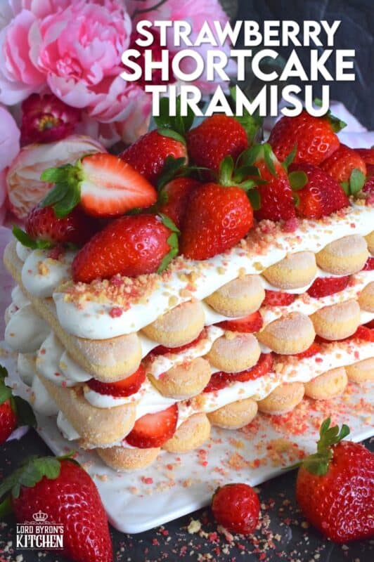 Locally grown strawberries are about to be in season which means it is time for a little indulgence! Strawberry Shortcake Tiramisu is the most delicious summertime dessert. With layers of homemade strawberry shortcake crumbs, light and airy ladyfingers, and a thick, slightly sweet filling, this dessert is completely irresistible! #strawberry #shortcake #tiramisu