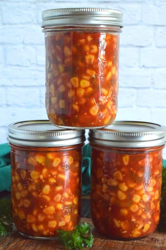 A traditional relish with a southern twist! Prepared with corn, tomatoes, onions, bell peppers, and jalapenos, Southern Corn Relish is a condiment that demands respect and attention! #canned #canning #preserves #southern #corn #relish