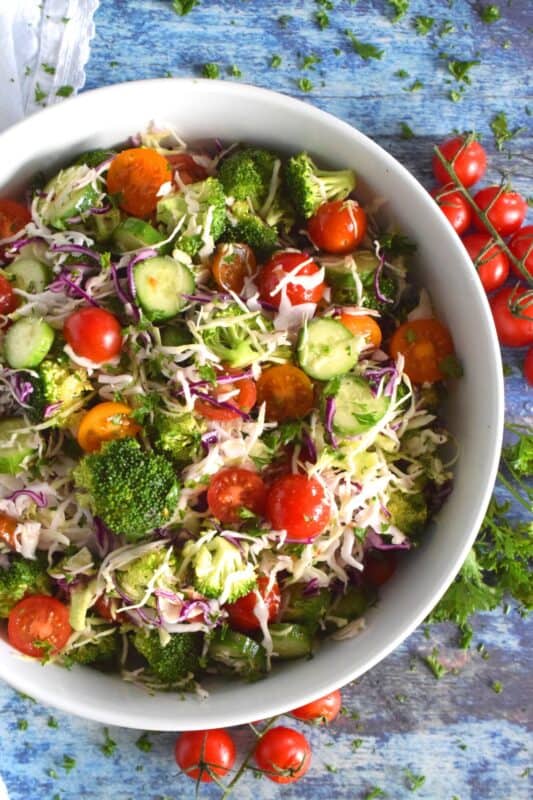 This salad is as fresh and as crisp as a salad can be! Loaded with both red and green cabbage, broccoli florets, tomatoes, and cucumbers, and tossed with an oil and vinegar dressing, this salad is light, healthy, and colourful. Perfect as a summer side, great for picnics, and can be made ahead of time too! #cabbage #salad #broccoli #side #summer #vinaigrette