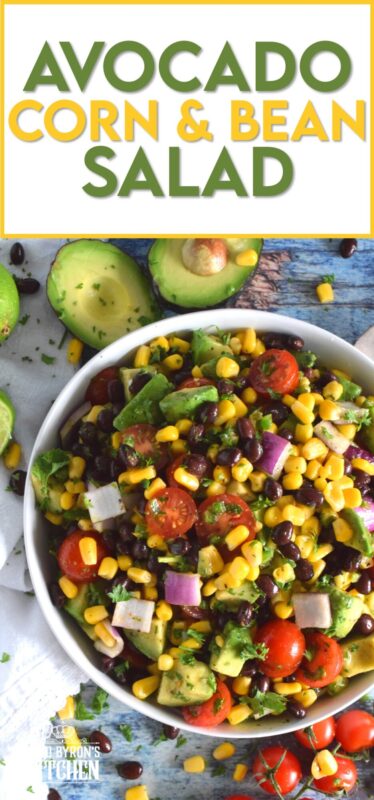 Some salads are meant to be served as a side dish and some salads, like this Avocado Corn and Bean Salad, are hearty enough to be a main. Filled with heart-healthy vegetables, and tossed in an oil and lime juice dressing, this salad is refreshingly perfect for summer! #avocado #blackbean #salad #summersalad