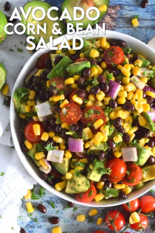 Some salads are meant to be served as a side dish and some salads, like this Avocado Corn and Bean Salad, are hearty enough to be a main. Filled with heart-healthy vegetables, and tossed in an oil and lime juice dressing, this salad is refreshingly perfect for summer! #avocado #blackbean #salad #summersalad