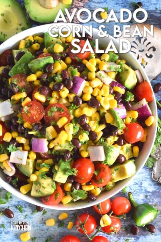 Some salads are meant to be served as a side dish and some salads, like this Avocado Corn and Bean Salad, are hearty enough to be a main. Filled with heart-healthy vegetables, and tossed in an oil and lime juice dressing, this salad is refreshingly perfect for summer! #avocado #blackbean #salad #summersalad