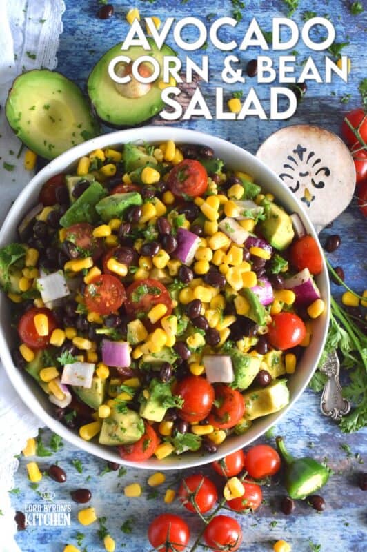 Some salads are meant to be served as a side dish and some salads, like this Avocado Corn and Bean Salad, are hearty enough to be a main. Filled with heart-healthy vegetables, and tossed in an oil and lime juice dressing, this salad is refreshingly perfect for summer! #avocado #blackbean #salad #summersalad