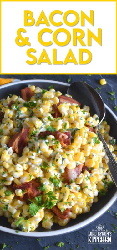Serve this Bacon and Corn Salad warm as a side to your favourite summer grilled mains. Loaded with fried bacon, bright yellow corn, and fresh green onions, this salad is tossed with a kicked-up mayonnaise-based dressing. Can be prepared ahead of time too and just lightly reheated through just before serving! #bacon #corn #salad