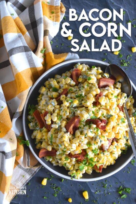 Serve this Bacon and Corn Salad warm as a side to your favourite summer grilled mains. Loaded with fried bacon, bright yellow corn, and fresh green onions, this salad is tossed with a kicked-up mayonnaise-based dressing. Can be prepared ahead of time too and just lightly reheated through just before serving! #bacon #corn #salad