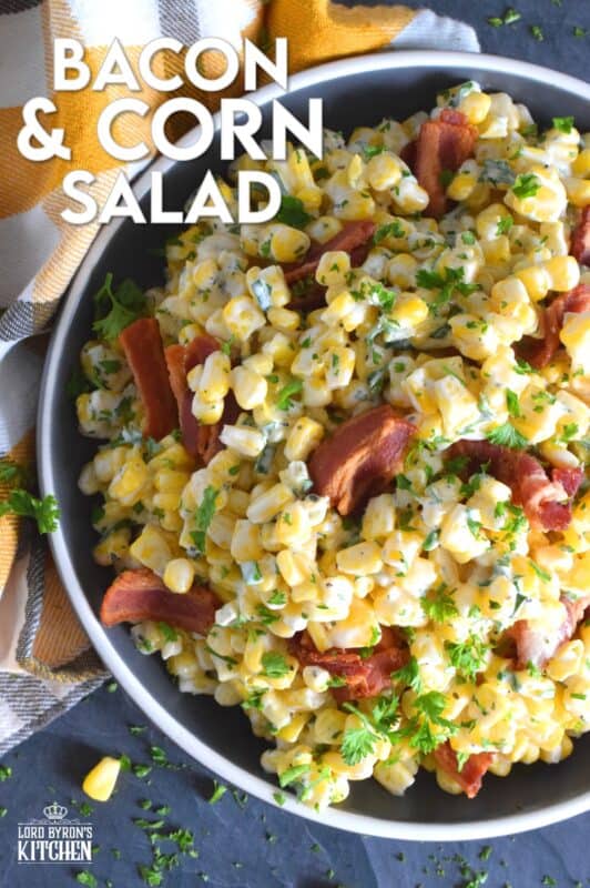 Serve this Bacon and Corn Salad warm as a side to your favourite summer grilled mains. Loaded with fried bacon, bright yellow corn, and fresh green onions, this salad is tossed with a kicked-up mayonnaise-based dressing. Can be prepared ahead of time too and just lightly reheated through just before serving! #bacon #corn #salad