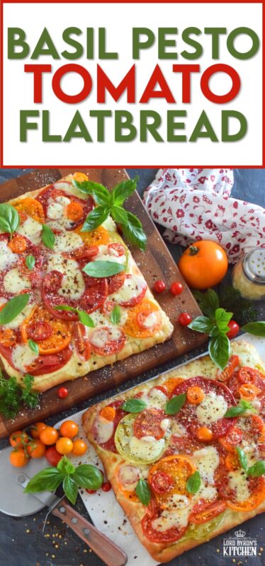 Freshly sliced tomatoes and cheese are piled onto a quick and easy homemade flatbread with the best double parmesan basil pesto sauce. Baked to perfection and topped with fresh basil leaves and ground black pepper, this is a very scrumptiously delicious recipe! #tomatoes #flatbread #heirloom #summerfresh