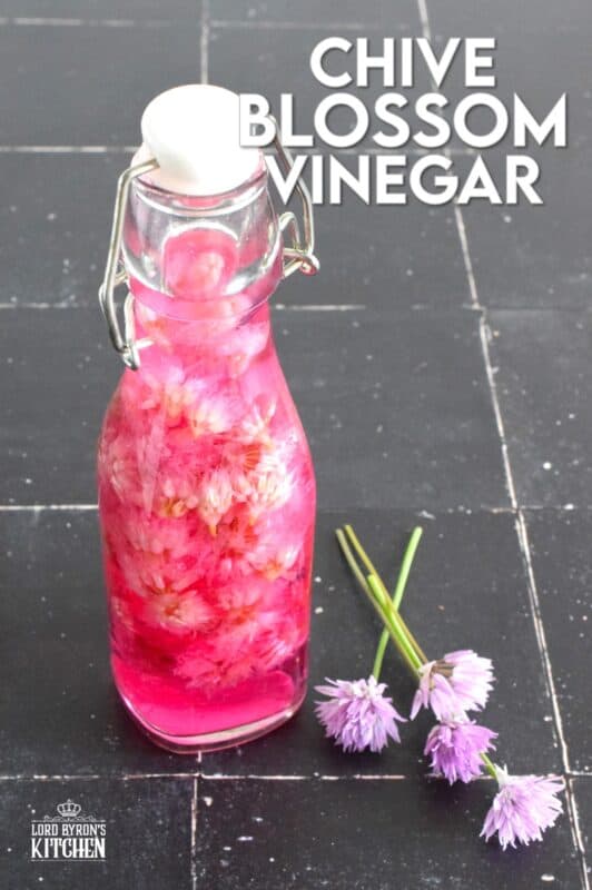 When the chive section of your herb garden blooms those beautiful, light purple flowers, pick them and make a jar of Chive Blossom Vinegar.  This bright pink vinegar has a light, mellow onion flavour and is a great ingredient for all kinds of recipes! #chive #blossoms #flowers #vinegar