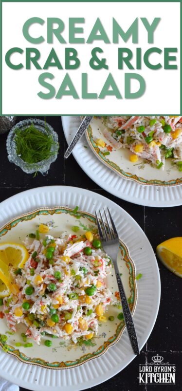 Prepare this recipe using real or imitation crab and leftover cooked rice. Great as a side, but hearty and filling enough to be served as a main, Creamy Crab and Rice Salad tastes light and fresh and is simply delicious! #crab #salad #rice #imitation #seafood