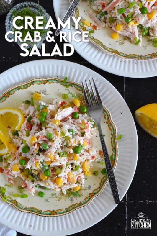 Prepare this recipe using real or imitation crab and leftover cooked rice. Great as a side, but hearty and filling enough to be served as a main, Creamy Crab and Rice Salad tastes light and fresh and is simply delicious! #crab #salad #rice #imitation #seafood