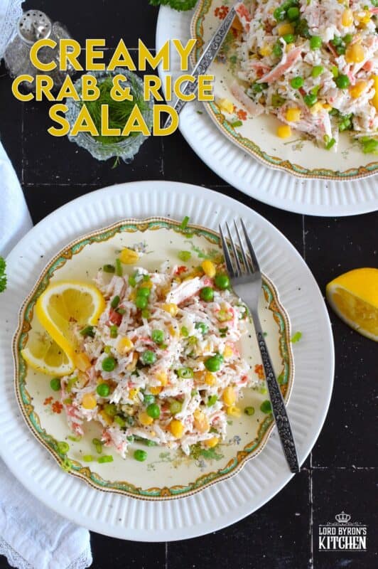 Prepare this recipe using real or imitation crab and leftover cooked rice. Great as a side, but hearty and filling enough to be served as a main, Creamy Crab and Rice Salad tastes light and fresh and is simply delicious! #crab #salad #rice #imitation #seafood