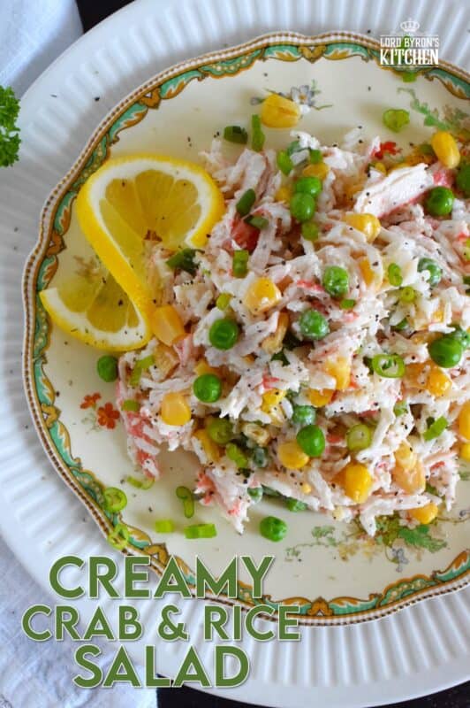 Prepare this recipe using real or imitation crab and leftover cooked rice. Great as a side, but hearty and filling enough to be served as a main, Creamy Crab and Rice Salad tastes light and fresh and is simply delicious! #crab #salad #rice #imitation #seafood