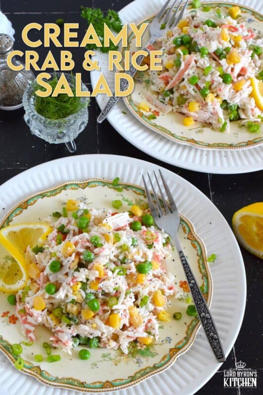 Prepare this recipe using real or imitation crab and leftover cooked rice. Great as a side, but hearty and filling enough to be served as a main, Creamy Crab and Rice Salad tastes light and fresh and is simply delicious! #crab #salad #rice #imitation #seafood