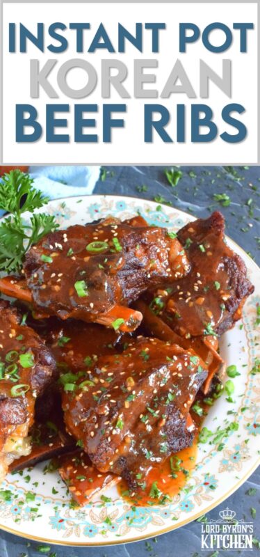 Instant Pot Korean Beef Ribs are fall-off-the-bone tender! This super quick and easy recipe packs a punch of robust and savoury flavours. Prepared with gochujang and honey, these ribs are both a little spicy and sweet. As an added bonus, the cooking liquid doubles as a thick, delicious sauce! #korean #shortribs #beef #ribs #instantpot