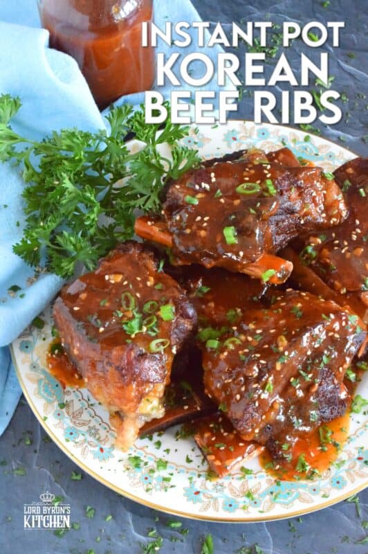 Instant Pot Korean Beef Ribs are fall-off-the-bone tender! This super quick and easy recipe packs a punch of robust and savoury flavours. Prepared with gochujang and honey, these ribs are both a little spicy and sweet. As an added bonus, the cooking liquid doubles as a thick, delicious sauce! #korean #shortribs #beef #ribs #instantpot