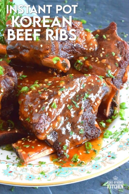 Instant Pot Korean Beef Ribs are fall-off-the-bone tender! This super quick and easy recipe packs a punch of robust and savoury flavours. Prepared with gochujang and honey, these ribs are both a little spicy and sweet. As an added bonus, the cooking liquid doubles as a thick, delicious sauce! #korean #shortribs #beef #ribs #instantpot