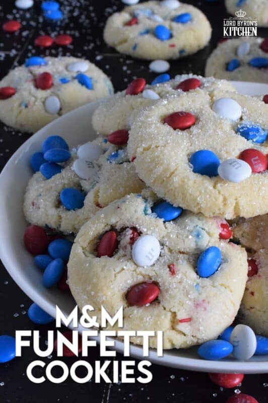 Red, white, and blue candy and sprinkles are very popular when baking patriotic treats! So delicious and so fun, both kids and adults alike will love these M&M Funfetti Cookies! #4thofjuly #independenceday #redwhiteandblue