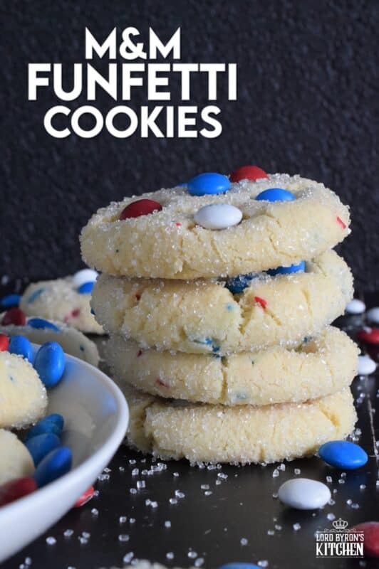 Red, white, and blue candy and sprinkles are very popular when baking patriotic treats! So delicious and so fun, both kids and adults alike will love these M&M Funfetti Cookies! #4thofjuly #independenceday #redwhiteandblue