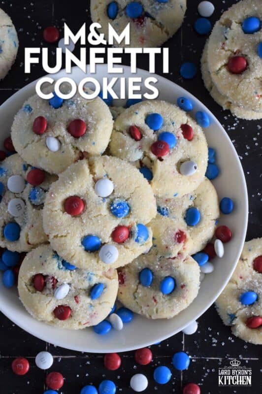 Red, white, and blue candy and sprinkles are very popular when baking patriotic treats! So delicious and so fun, both kids and adults alike will love these M&M Funfetti Cookies! #4thofjuly #independenceday #redwhiteandblue