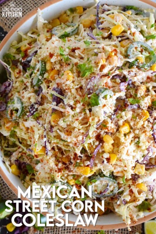 Crisp red and green cabbage, sweet corn, spicy jalapenos, fresh green onions, and salty cotija cheese all meet in the middle to create this most delicious Mexican Street Corn Coleslaw. With its creamy, zingy, and tart dressing, this coleslaw will most definitely please the toughest critic! #mexican #streetcorn #coleslaw #salad