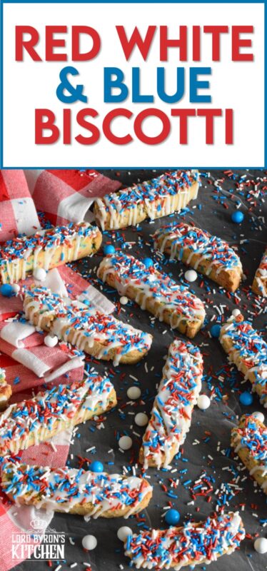 These crisp Red White and Blue Biscotti are so easy to make and they're so brightly coloured and festive, no one could resist!  Loaded with red, white, and blue sprinkles, and topped with a sweet sugary glaze, these are great for your 4th of July party, and even better when sitting on your back porch with a hot coffee on a lazy Saturday morning! #biscotti #redwhiteandblue #4thofjuly