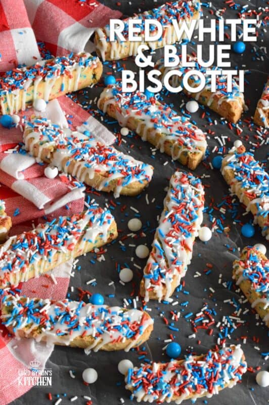 These crisp Red White and Blue Biscotti are so easy to make and they're so brightly coloured and festive, no one could resist!  Loaded with red, white, and blue sprinkles, and topped with a sweet sugary glaze, these are great for your 4th of July party, and even better when sitting on your back porch with a hot coffee on a lazy Saturday morning! #biscotti #redwhiteandblue #4thofjuly