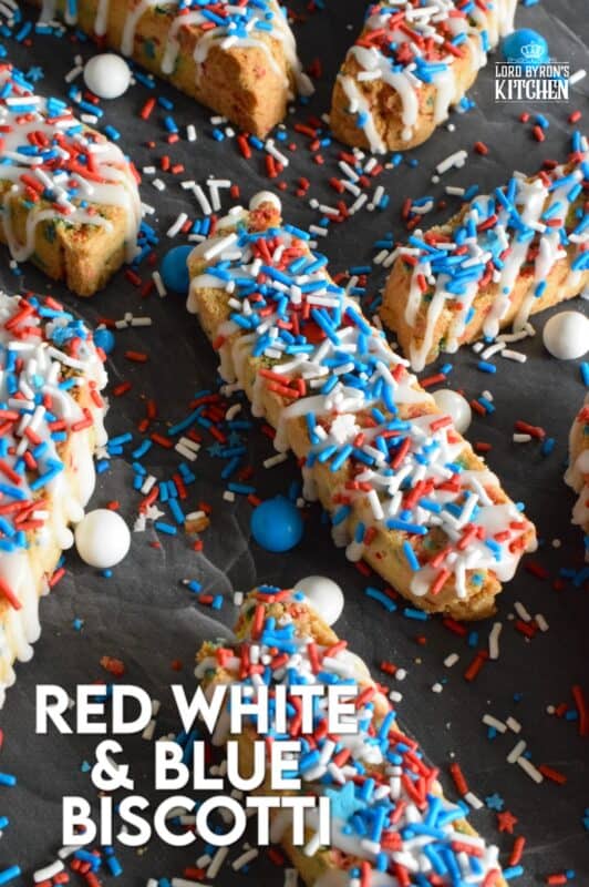 These crisp Red White and Blue Biscotti are so easy to make and they're so brightly coloured and festive, no one could resist!  Loaded with red, white, and blue sprinkles, and topped with a sweet sugary glaze, these are great for your 4th of July party, and even better when sitting on your back porch with a hot coffee on a lazy Saturday morning! #biscotti #redwhiteandblue #4thofjuly