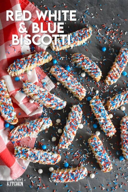 These crisp Red White and Blue Biscotti are so easy to make and they're so brightly coloured and festive, no one could resist!  Loaded with red, white, and blue sprinkles, and topped with a sweet sugary glaze, these are great for your 4th of July party, and even better when sitting on your back porch with a hot coffee on a lazy Saturday morning! #biscotti #redwhiteandblue #4thofjuly