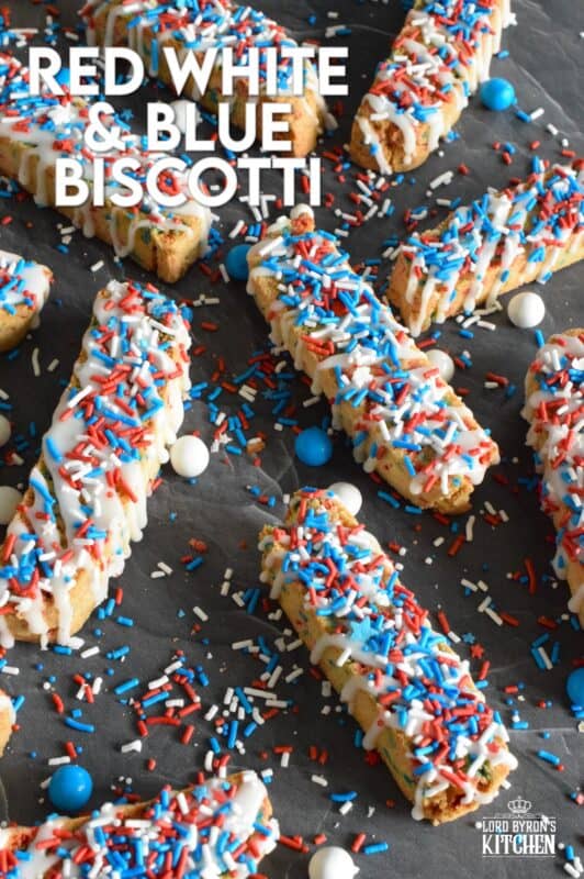 These crisp Red White and Blue Biscotti are so easy to make and they're so brightly coloured and festive, no one could resist!  Loaded with red, white, and blue sprinkles, and topped with a sweet sugary glaze, these are great for your 4th of July party, and even better when sitting on your back porch with a hot coffee on a lazy Saturday morning! #biscotti #redwhiteandblue #4thofjuly