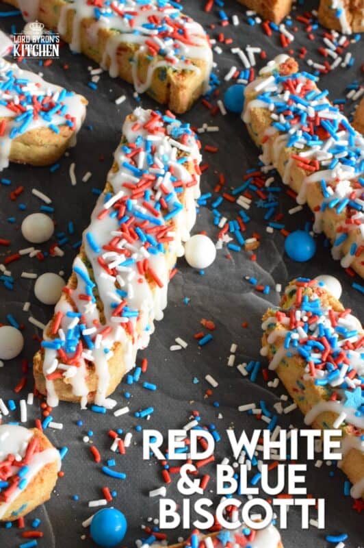 These crisp Red White and Blue Biscotti are so easy to make and they're so brightly coloured and festive, no one could resist!  Loaded with red, white, and blue sprinkles, and topped with a sweet sugary glaze, these are great for your 4th of July party, and even better when sitting on your back porch with a hot coffee on a lazy Saturday morning! #biscotti #redwhiteandblue #4thofjuly