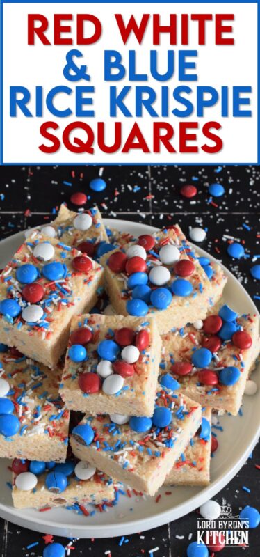 Everyone's favourite treat, these Rice Krispie Squares are loaded with red, white, and blue candy-coated chocolates as well as festive sprinkles. Easy to prepare and fun to eat, these can be prepared with regular or vegan marshmallows if you have any dietary restrictions. #4thofjuly #redwhiteandblue #ricekrispies #treats #squares #dandies
