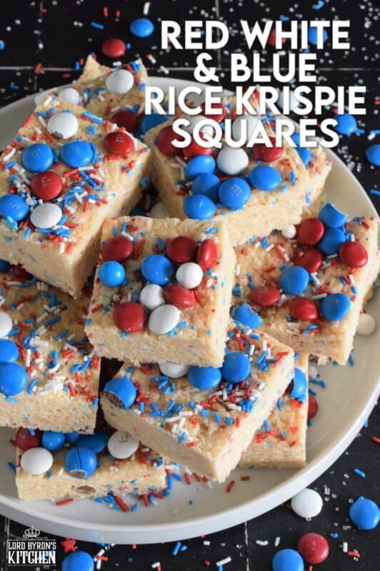 Everyone's favourite treat, these Rice Krispie Squares are loaded with red, white, and blue candy-coated chocolates as well as festive sprinkles. Easy to prepare and fun to eat, these can be prepared with regular or vegan marshmallows if you have any dietary restrictions. #4thofjuly #redwhiteandblue #ricekrispies #treats #squares #dandies