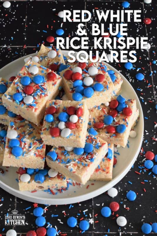 Everyone's favourite treat, these Rice Krispie Squares are loaded with red, white, and blue candy-coated chocolates as well as festive sprinkles. Easy to prepare and fun to eat, these can be prepared with regular or vegan marshmallows if you have any dietary restrictions. #4thofjuly #redwhiteandblue #ricekrispies #treats #squares #dandies
