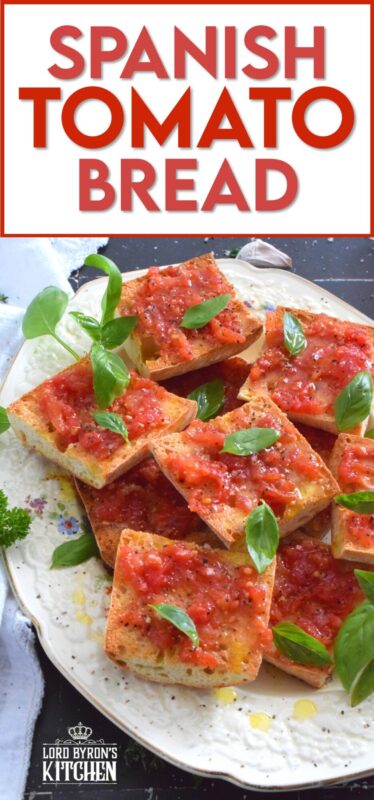 Summer fresh tomatoes are peeled and mashed and spread onto warm, toasted bread that has been rubbed with whole garlic cloves. Seasoned with ground black pepper and flaked sea salt, and a splash of olive oil, Spanish Tomato Bread is a popular tapas bar recipe! #catalan #spanish #tomato #bread