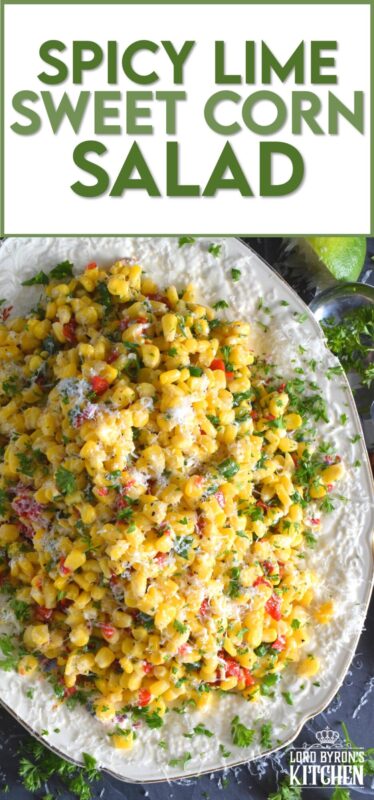 Combine sweet corn with roasted red peppers, green onions, freshly squeezed lime juice, and a good sprinkling of cotija cheese to get the most amazingly delicious summer salad. Serve at room temperature or slightly warmed to taste the optimum flavour profile. #sweet #cotija #corn #salad #lime #spicy