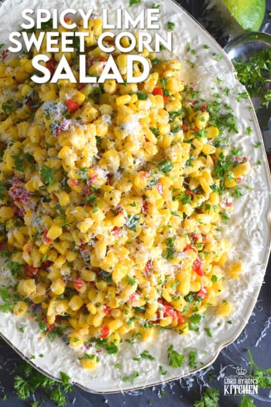 Combine sweet corn with roasted red peppers, green onions, freshly squeezed lime juice, and a good sprinkling of cotija cheese to get the most amazingly delicious summer salad. Serve at room temperature or slightly warmed to taste the optimum flavour profile. #sweet #cotija #corn #salad #lime #spicy