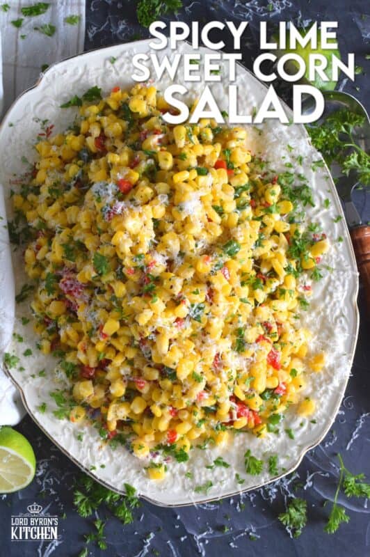 Combine sweet corn with roasted red peppers, green onions, freshly squeezed lime juice, and a good sprinkling of cotija cheese to get the most amazingly delicious summer salad. Serve at room temperature or slightly warmed to taste the optimum flavour profile. #sweet #cotija #corn #salad #lime #spicy