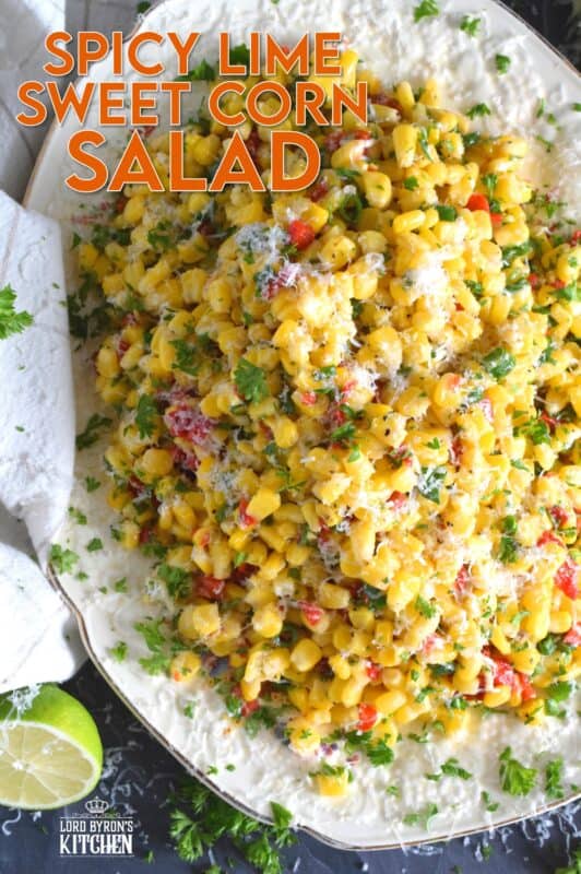 Combine sweet corn with roasted red peppers, green onions, freshly squeezed lime juice, and a good sprinkling of cotija cheese to get the most amazingly delicious summer salad. Serve at room temperature or slightly warmed to taste the optimum flavour profile. #sweet #cotija #corn #salad #lime #spicy