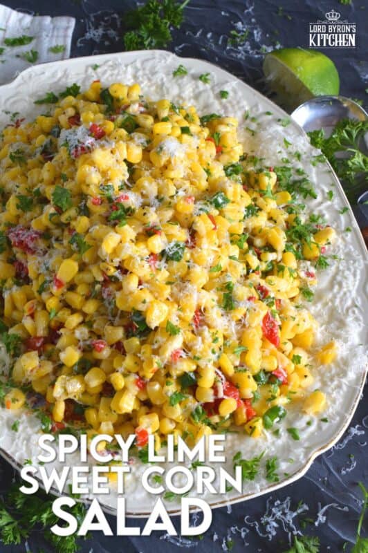 Combine sweet corn with roasted red peppers, green onions, freshly squeezed lime juice, and a good sprinkling of cotija cheese to get the most amazingly delicious summer salad. Serve at room temperature or slightly warmed to taste the optimum flavour profile. #sweet #cotija #corn #salad #lime #spicy
