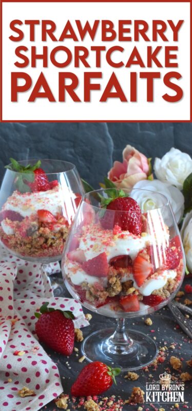 This beautifully presented dessert is exceptionally easy to prepare. Layered with granola, yogurt, and fresh strawberries, is a homemade strawberry shortcake crumb mixture that is the star of this simply refreshing summertime dessert. It's a healthy alternative with just the right amount of indulgence! #strawberries #shortcake #parfait #crumbs