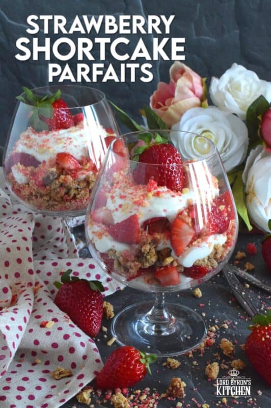 This beautifully presented dessert is exceptionally easy to prepare. Layered with granola, yogurt, and fresh strawberries, is a homemade strawberry shortcake crumb mixture that is the star of this simply refreshing summertime dessert. It's a healthy alternative with just the right amount of indulgence! #strawberries #shortcake #parfait #crumbs