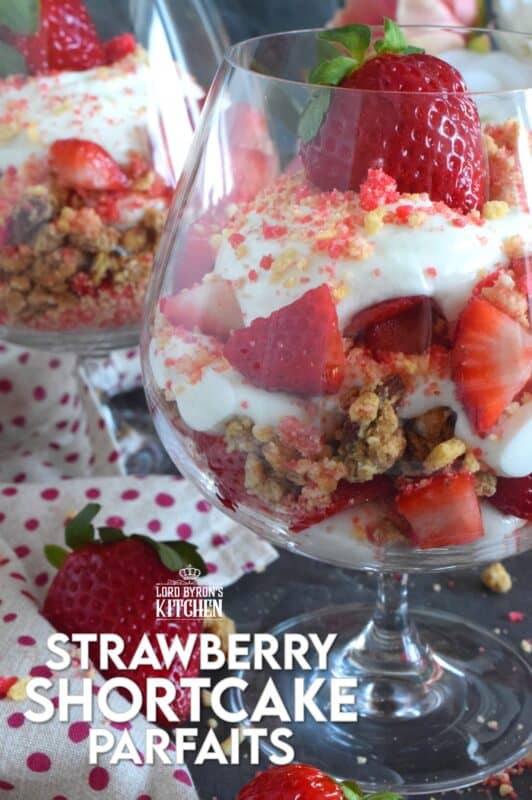 This beautifully presented dessert is exceptionally easy to prepare. Layered with granola, yogurt, and fresh strawberries, is a homemade strawberry shortcake crumb mixture that is the star of this simply refreshing summertime dessert. It's a healthy alternative with just the right amount of indulgence! #strawberries #shortcake #parfait #crumbs