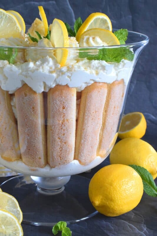 Refreshingly tart with a silky smooth and sweet mascarpone filling, Limoncello Tiramisu has to be one of the most delicious summertime desserts. With layers of light and airy ladyfingers, and a thick, slightly sweet filling, balanced with the puckering taste of fresh lemons, this dessert is completely irresistible! #limoncello #lemon #tiramisu