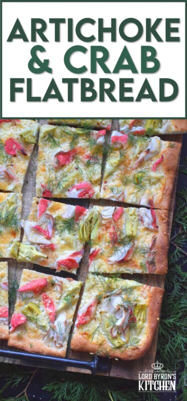 Cheesy, garlicky, and spicy are three words one could use to describe this Artichoke and Crab Flatbread.  Easy to prepare, but authentically delicious, this appetizer will be talked about long after the holidays are over, which is why this recipe makes two! #appetizer #seafood #crab #holiday #christmas #flatbread