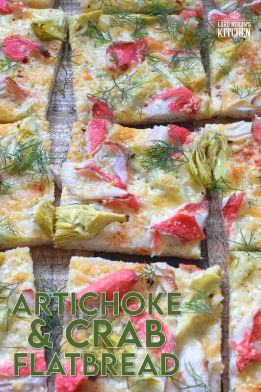 Cheesy, garlicky, and spicy are three words one could use to describe this Artichoke and Crab Flatbread.  Easy to prepare, but authentically delicious, this appetizer will be talked about long after the holidays are over, which is why this recipe makes two! #appetizer #seafood #crab #holiday #christmas #flatbread