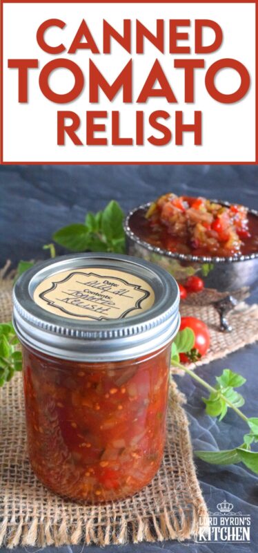 Spoon this Canned Tomato Relish onto hamburgers, hotdogs, sausages, and sandwiches too. Prepared with cucumbers, bell peppers, zucchini, onion, and tomatoes, this relish is the best way to preserve all of that homegrown late-summer harvest! #hamburger #tomato #relish #canning #preserves #tomatoes
