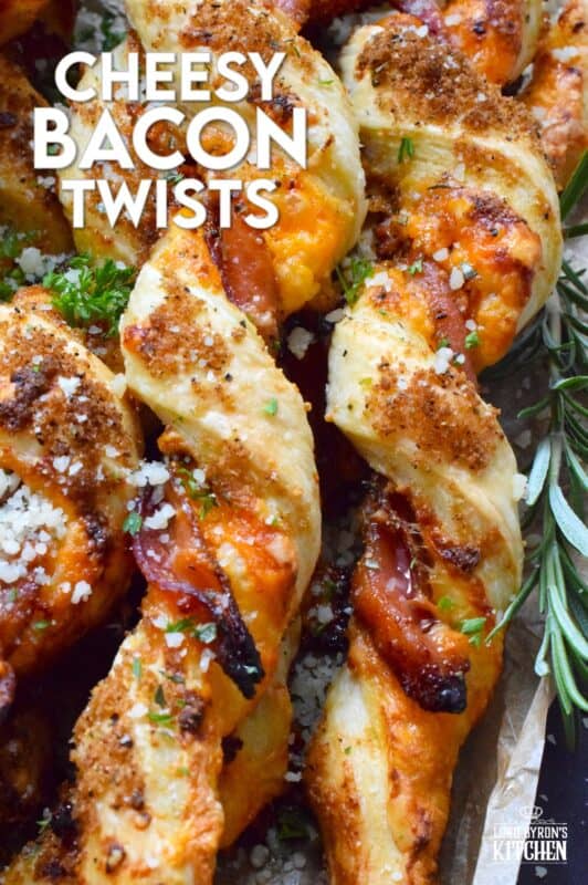 This appetizer consists of salty bacon twisted around light and airy, buttery puff pastry with shredded cheddar cheese all in brown sugar, thyme, oregano, garlic, onion, and ground black pepper seasoning! Words do not exist to describe how wonderfully delicious these are! #bacon #puffpastry #cheesy #appetizer